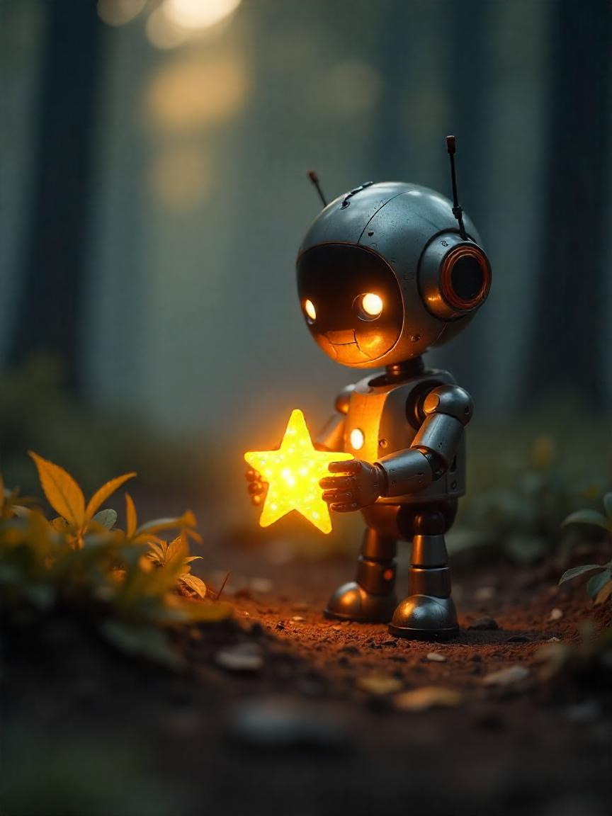 A small cute robot with big eyes is standing in a dark fores