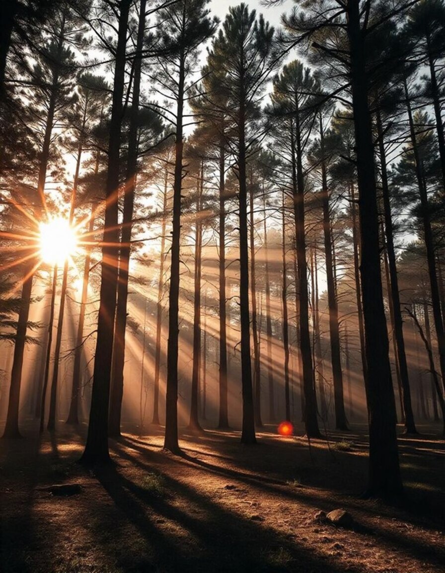 A serene forest with tall trees, sunlight filtering through 