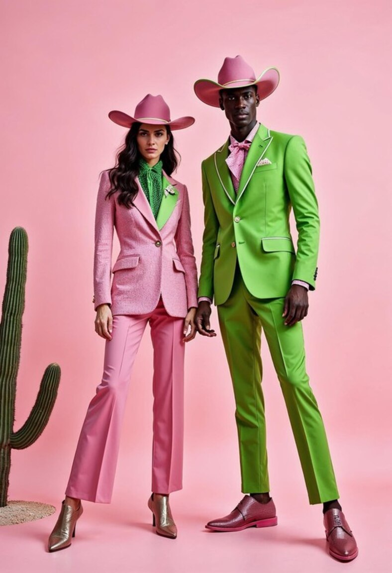 A duo of man and woman: the man is wearing a pink cowboy hat