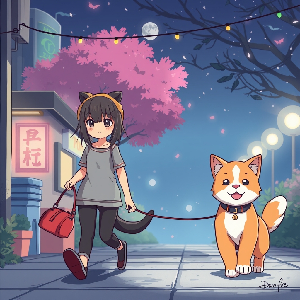 cat and dog walking, painterly anime style at pixiv