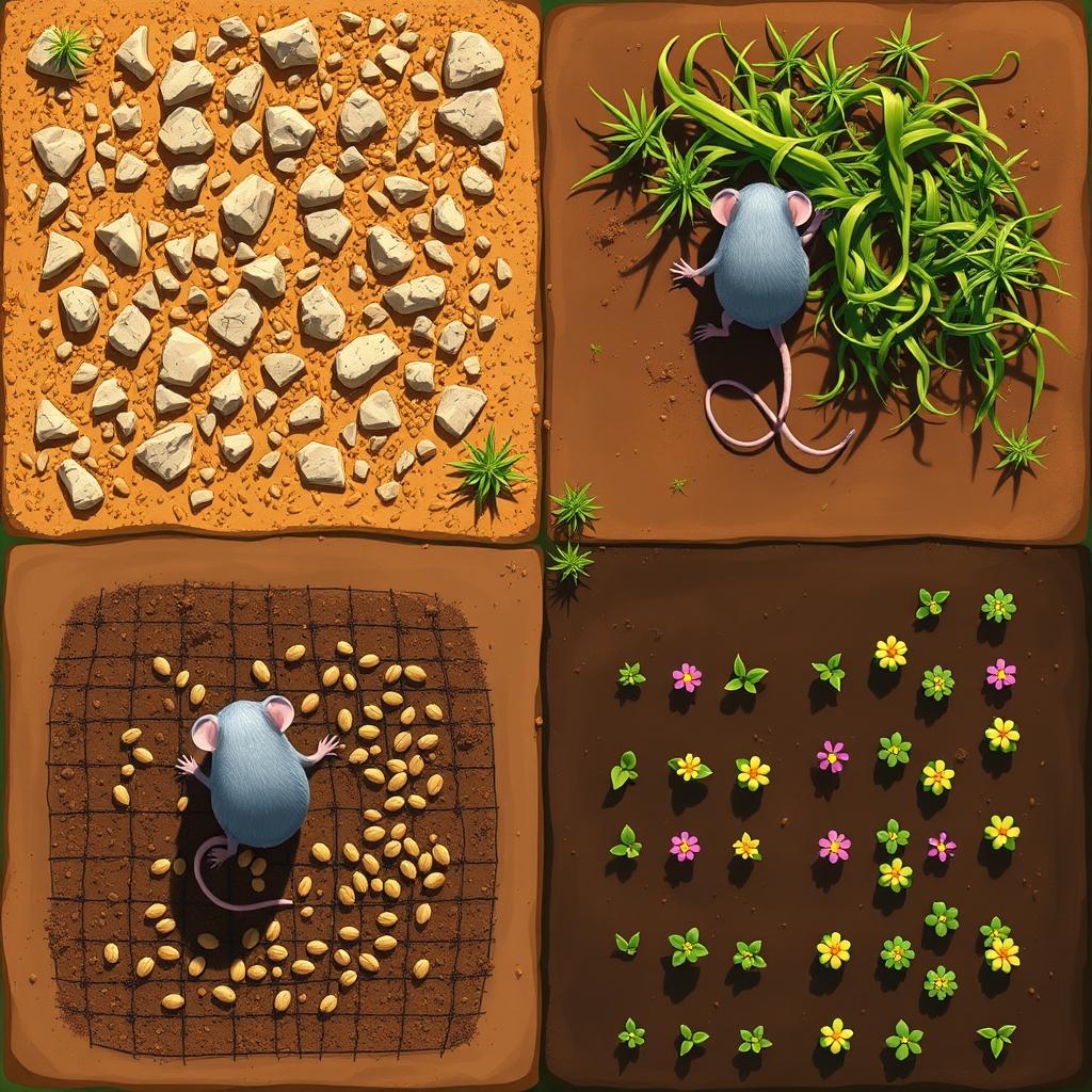 display a small sunny square plot of land from above looking