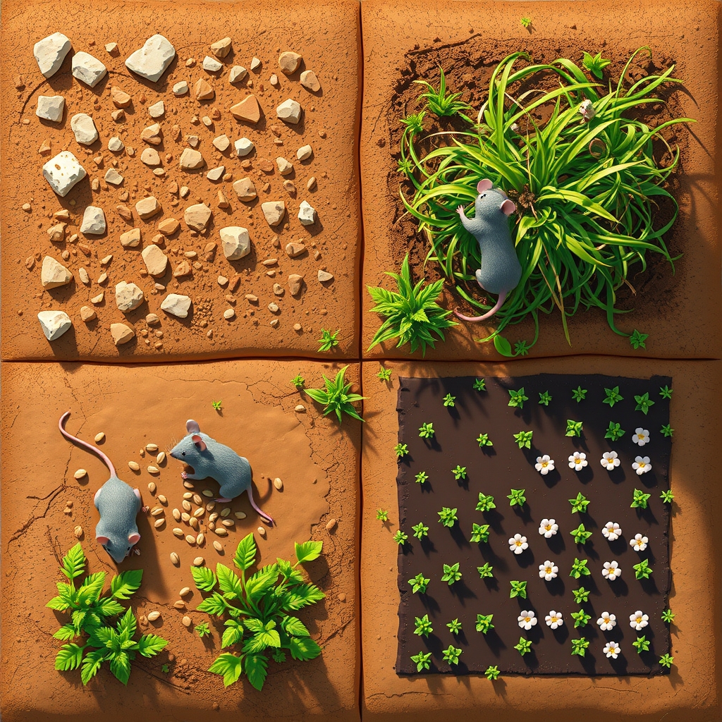 display a small sunny square plot of land from above looking