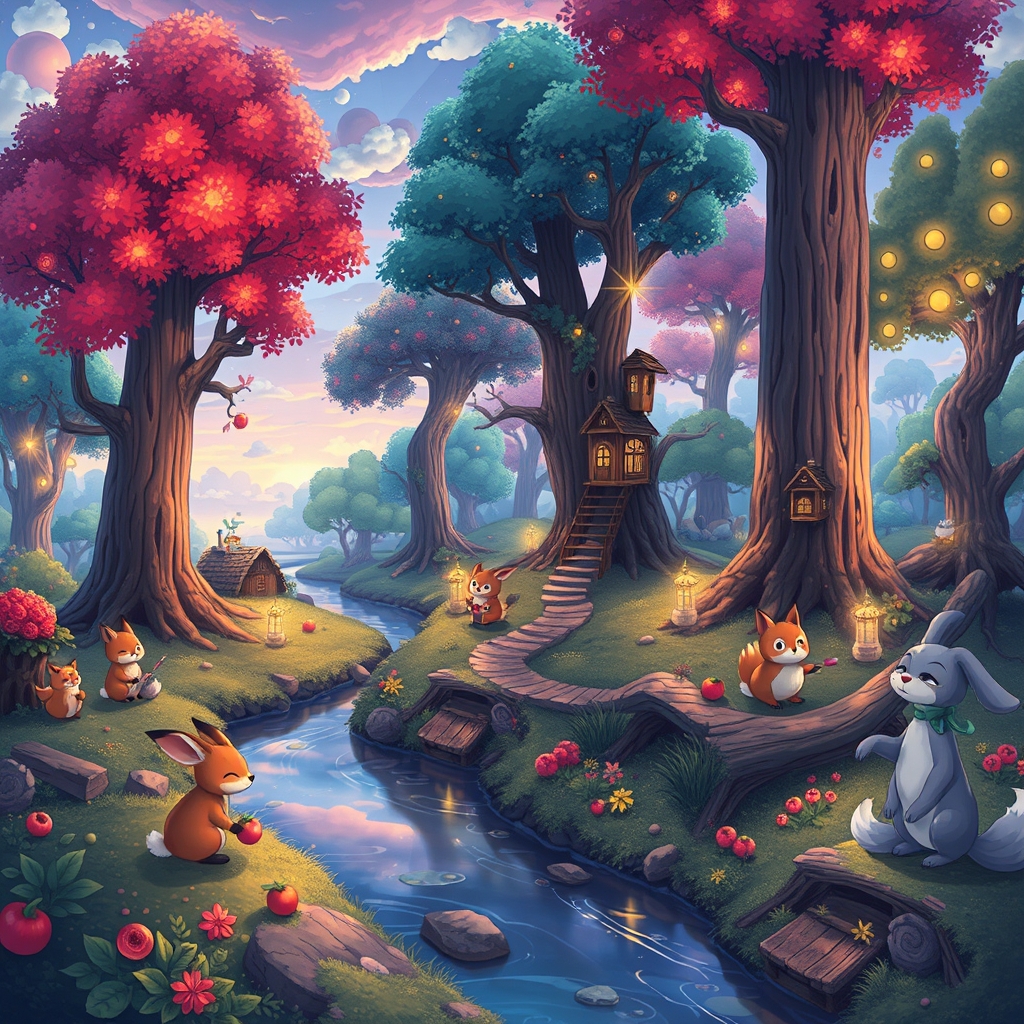 Create a vibrant panoramic anime-style landscape that featur