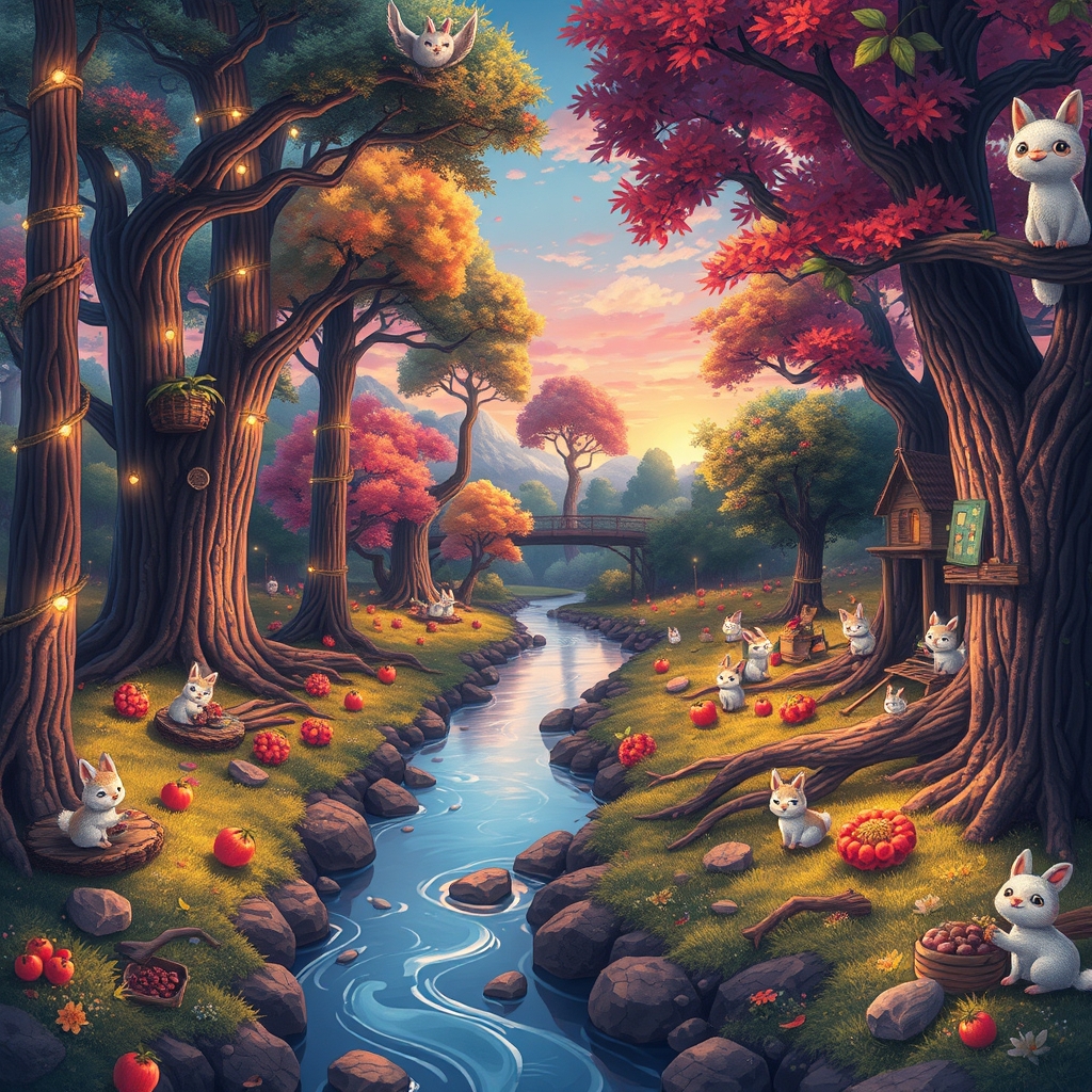 Create a vibrant panoramic anime-style landscape that featur