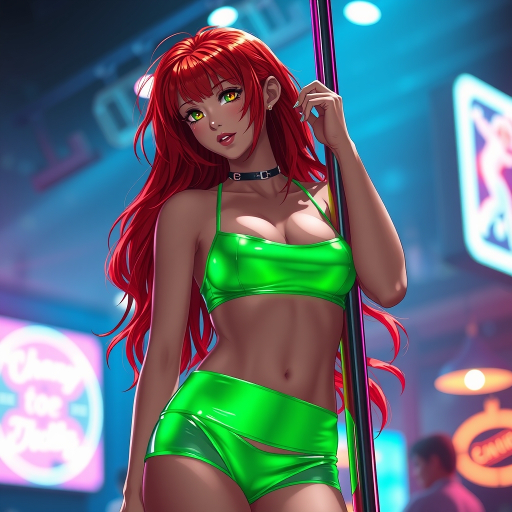 Red head pole dancer in green reflective two piece outfit in