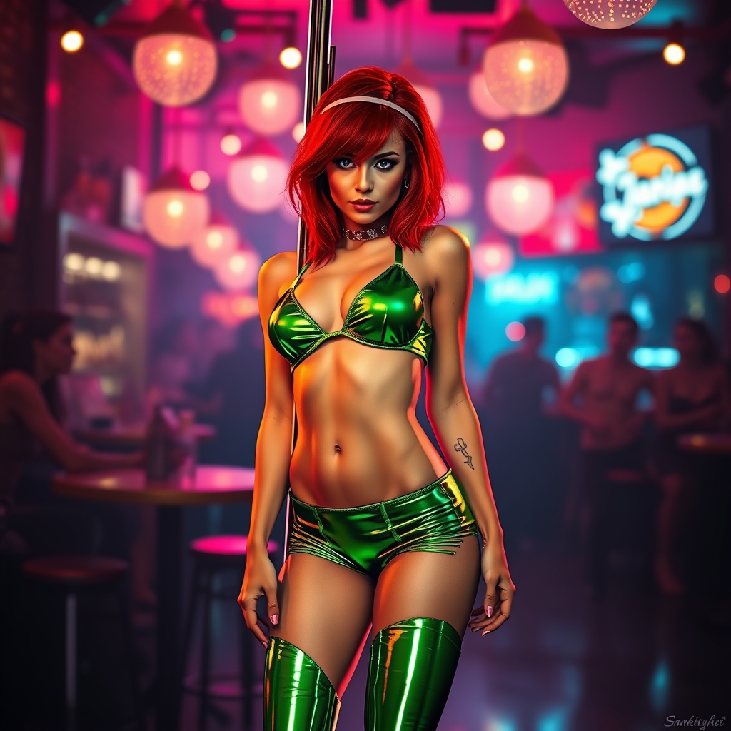 Red head pole dancer in green reflective two piece outfit in