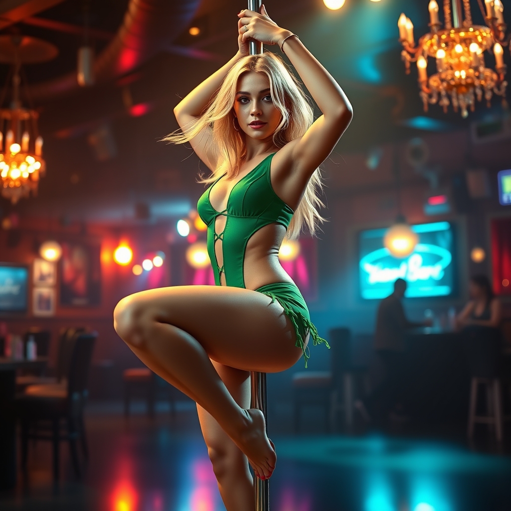 Blonde pole dancer in green two piece outfit spinning on pol
