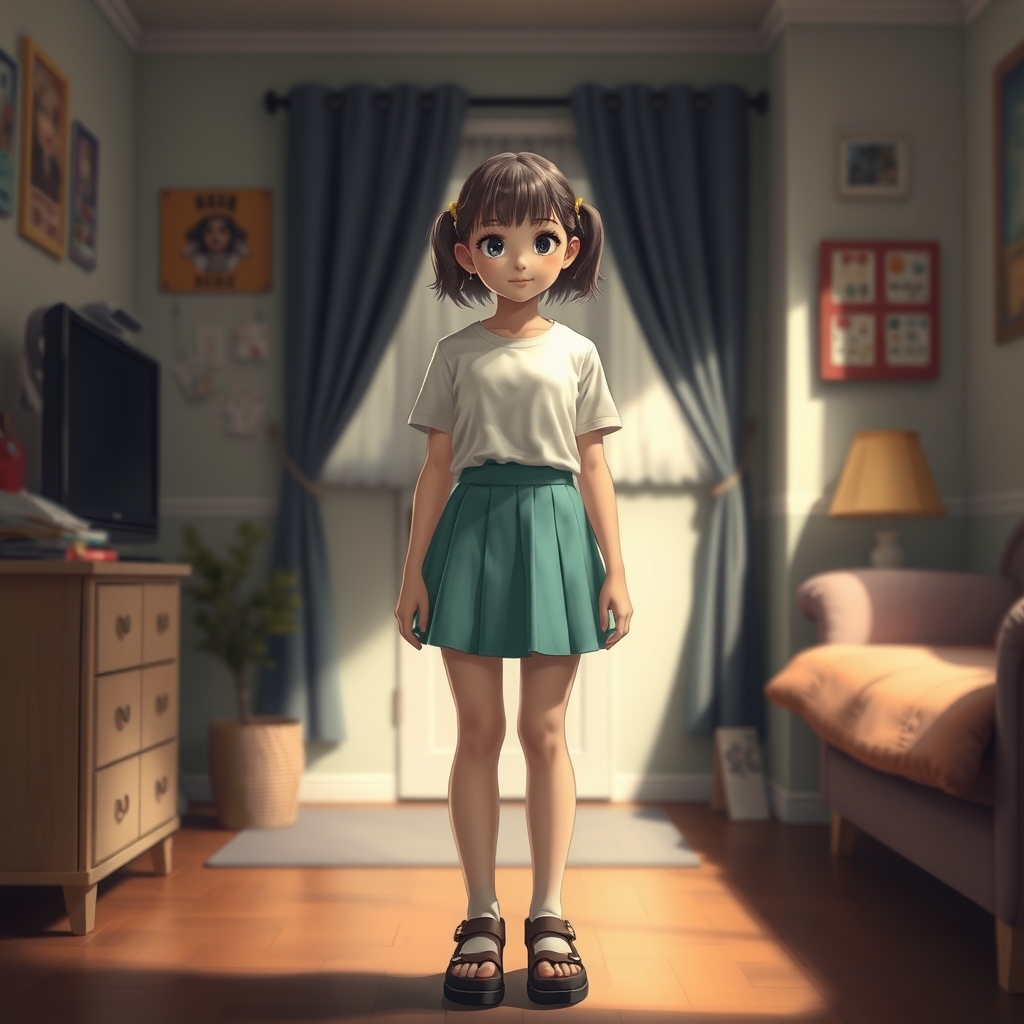 girl 10 yo miniskirt standing in their room