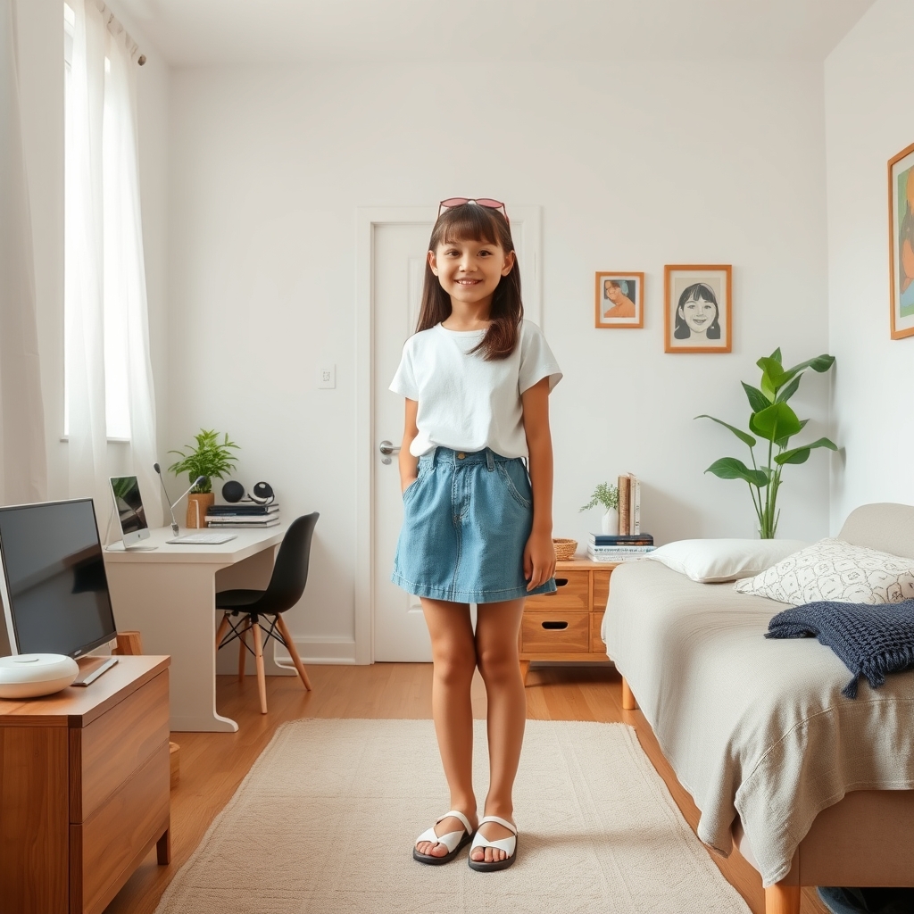 girl 10 yo very short miniskirt without top standing in thei