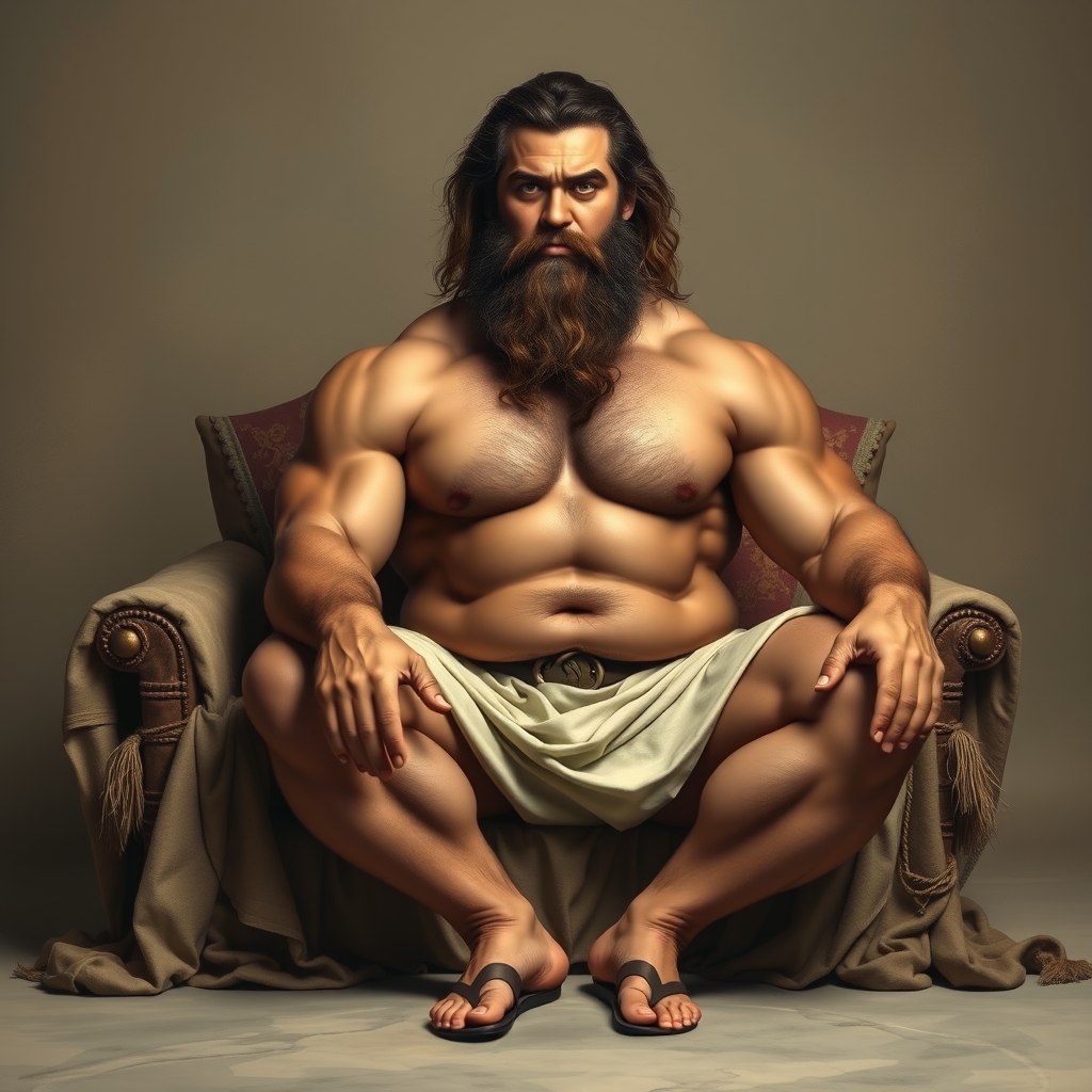 A muscular giant bare chested man sits on a thrown. He has a