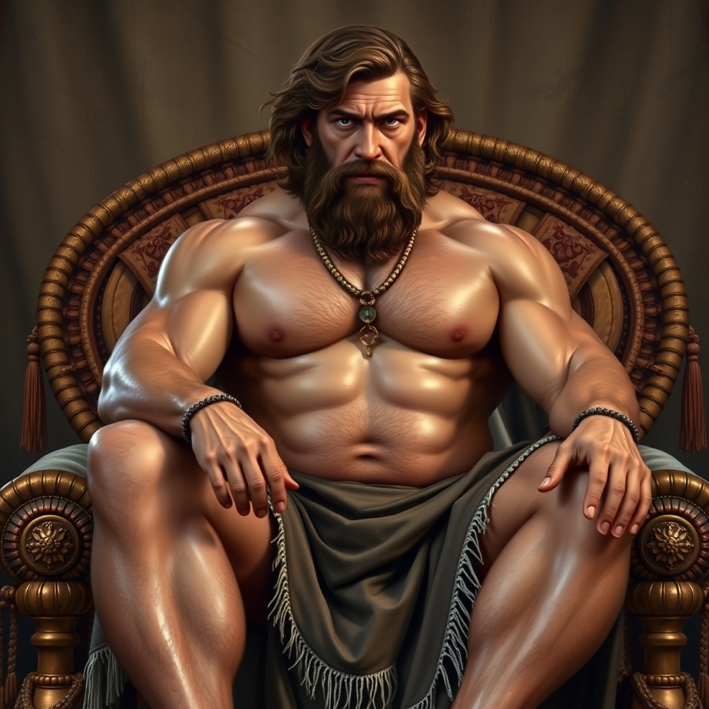A muscular giant bare chested man sits on a thrown. He has a