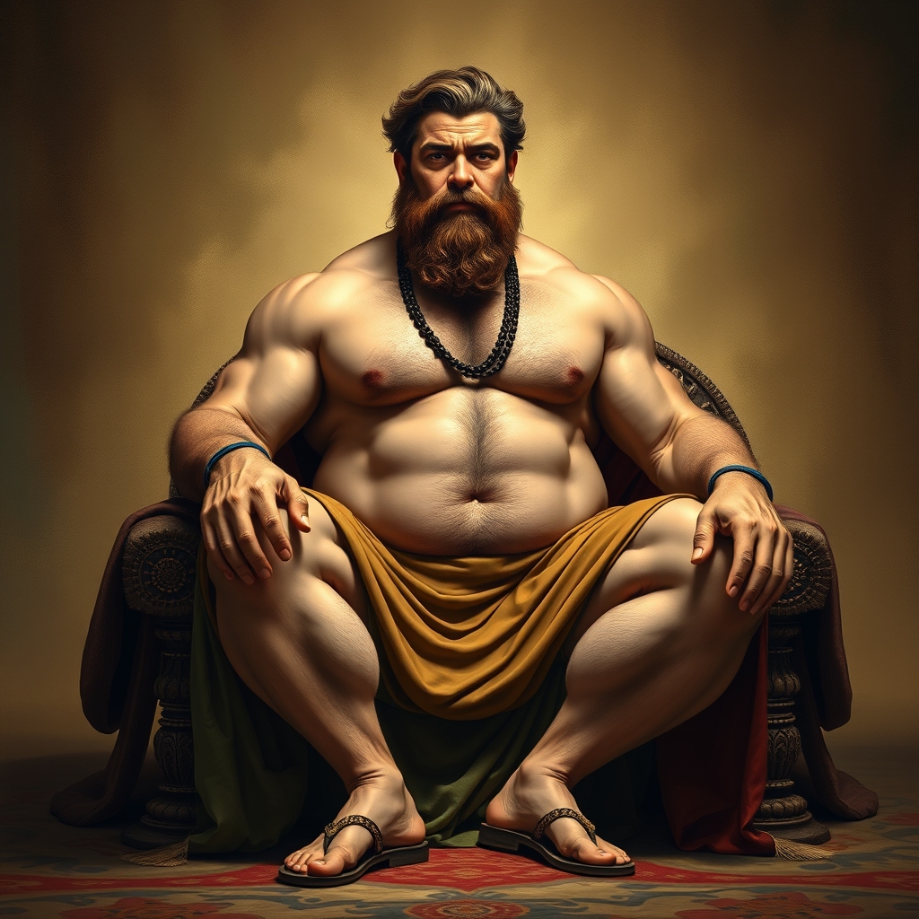 A muscular giant bare chested man sits on a thrown. He has a