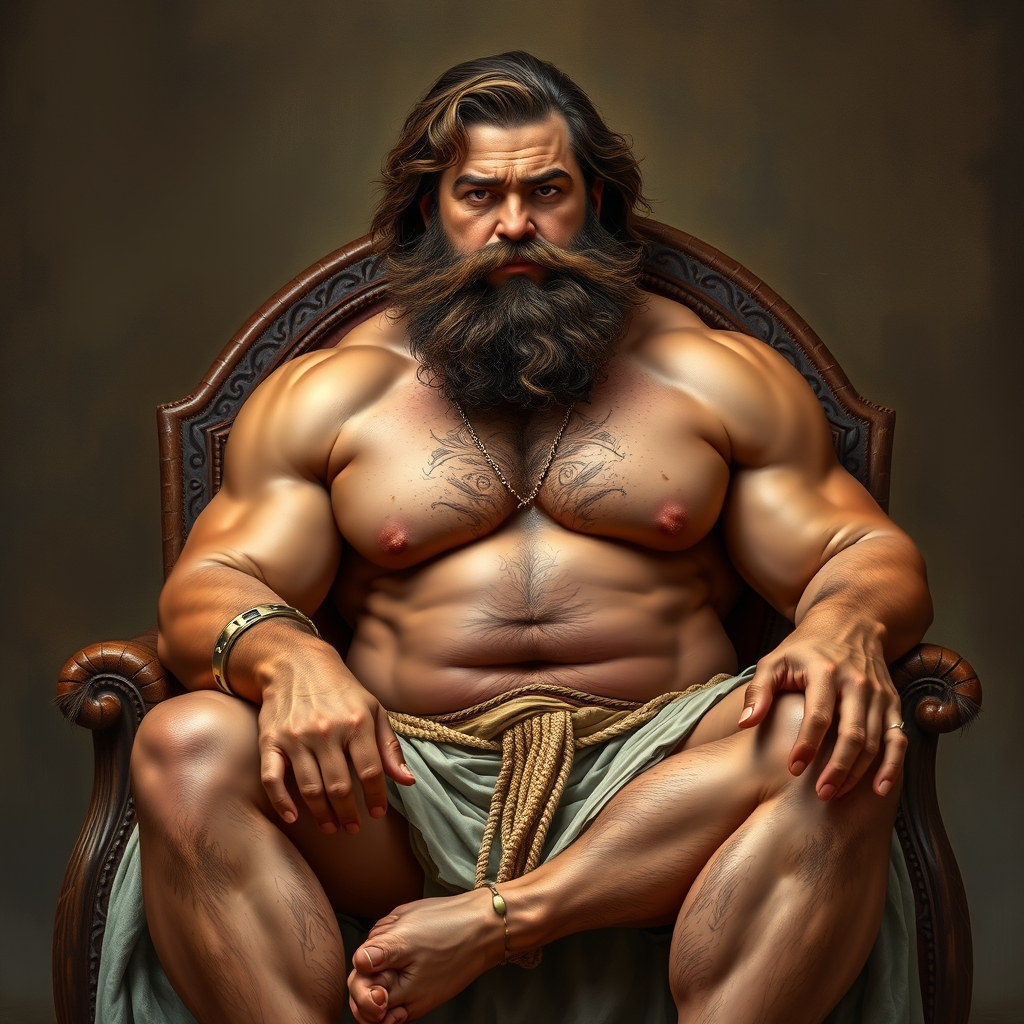 A muscular giant bare chested man sits on a thrown. He has a