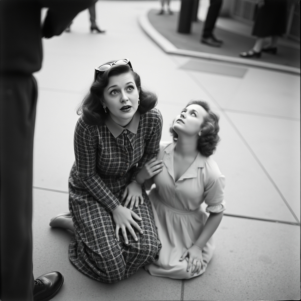 Pov looking at a 1940s woman on her knees looking up at me w