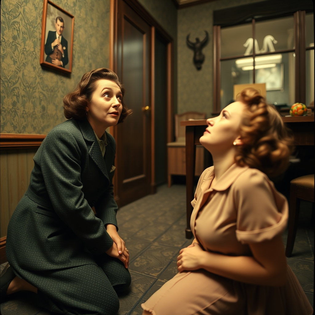 Pov looking at a 1940s woman on her knees in front of me loo