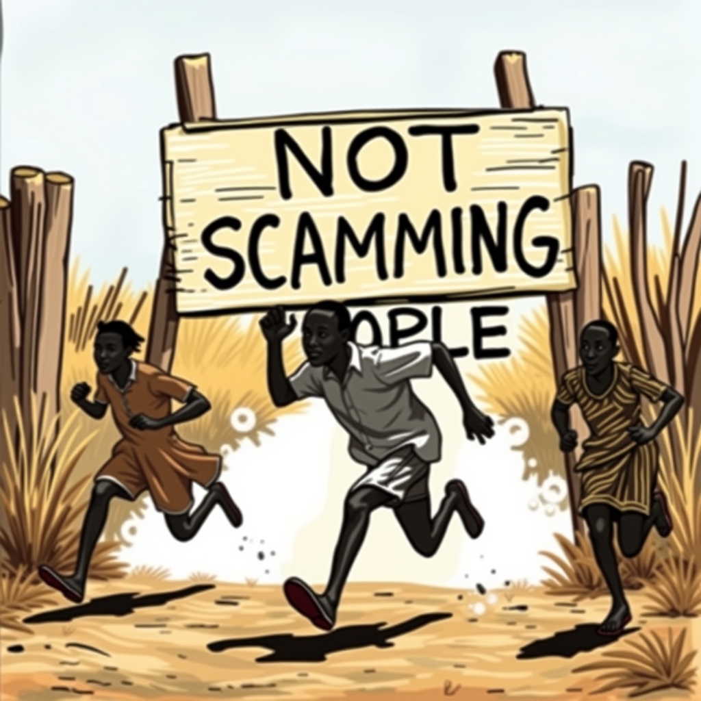 Sub Saharan Africans running from an anthropomorphic sign th