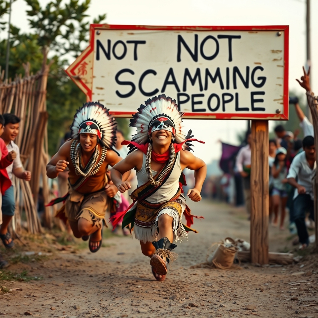 Indians running from an anthropomorphic sign that says 