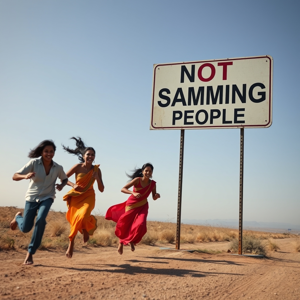 Desi Indians running away in terror from a sign that says 
