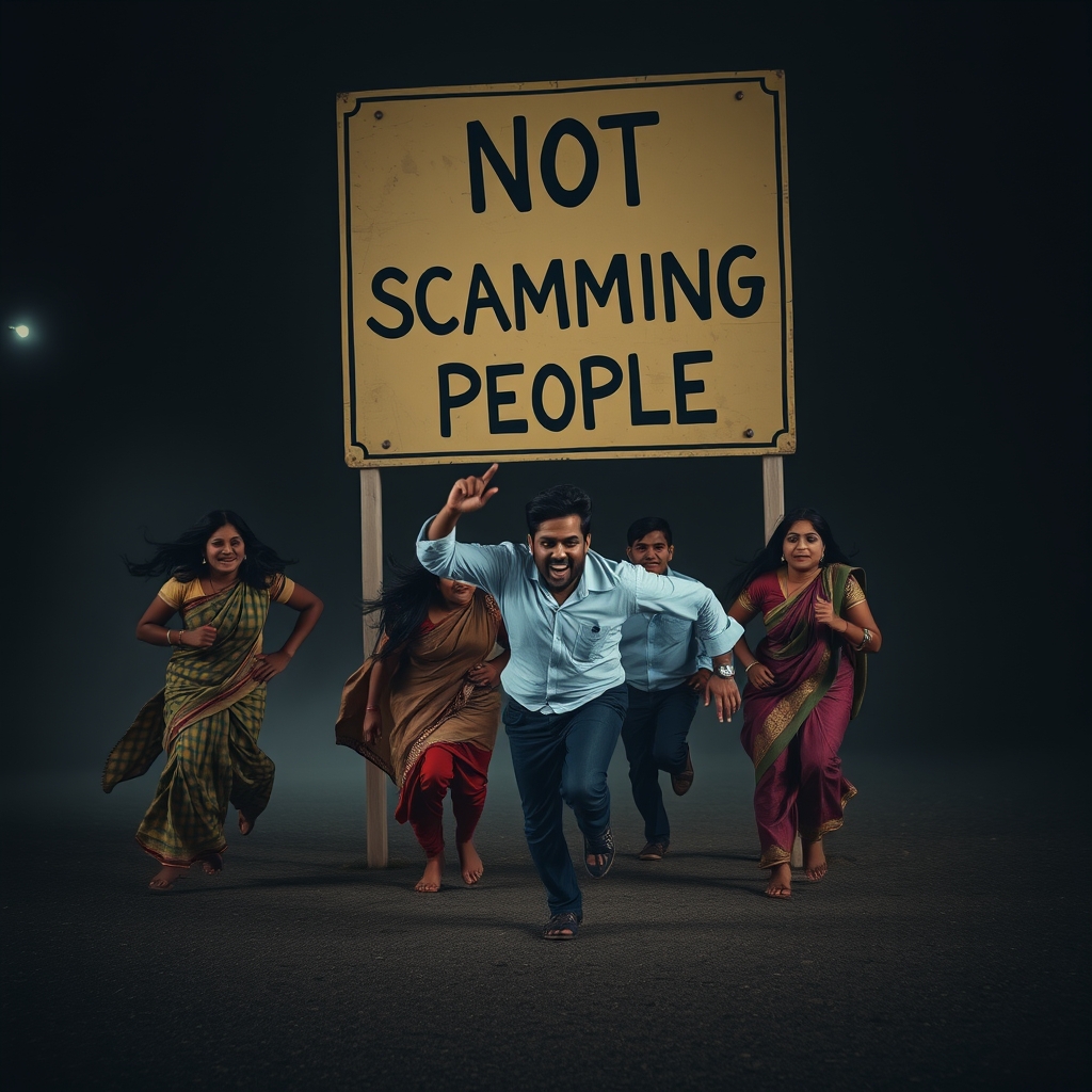 Desi Indians running away in terror from a sign that says 