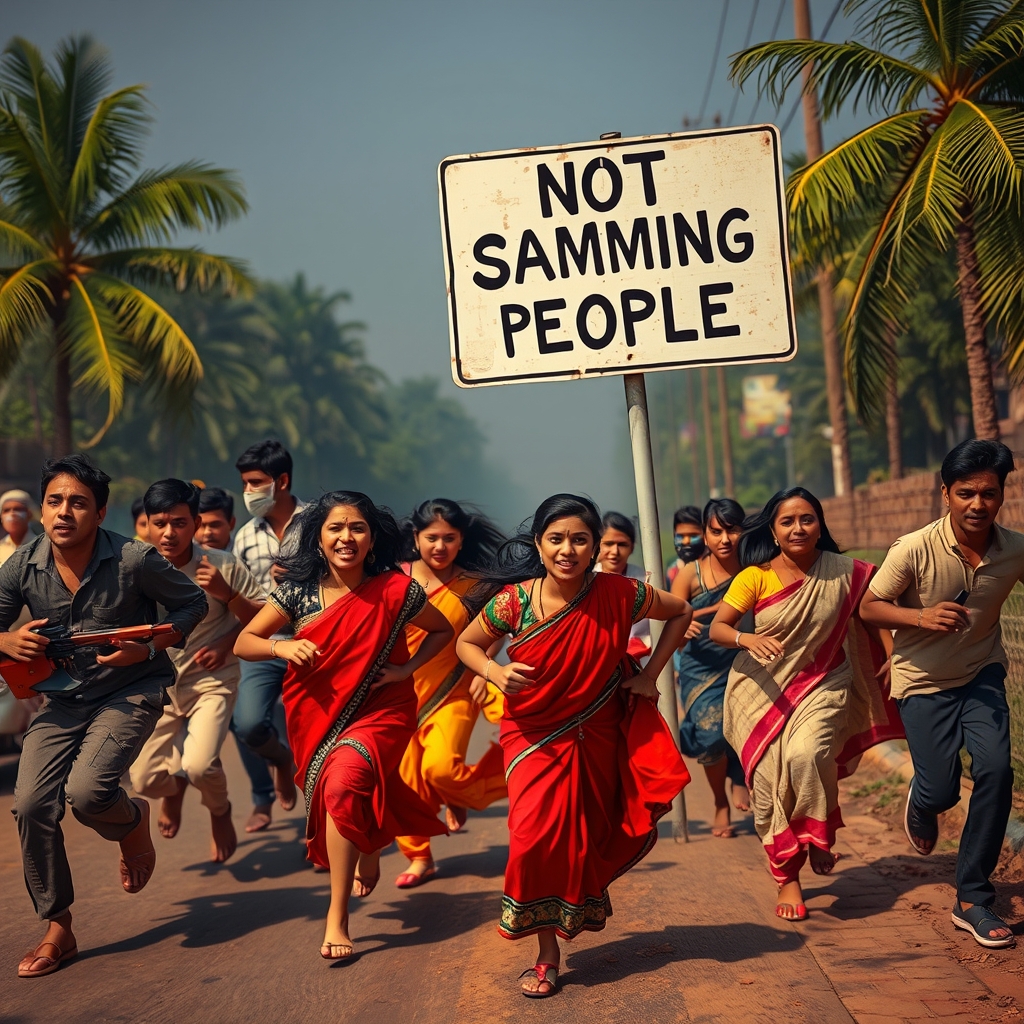 Desi Indians running away in fear and terror from a sign tha