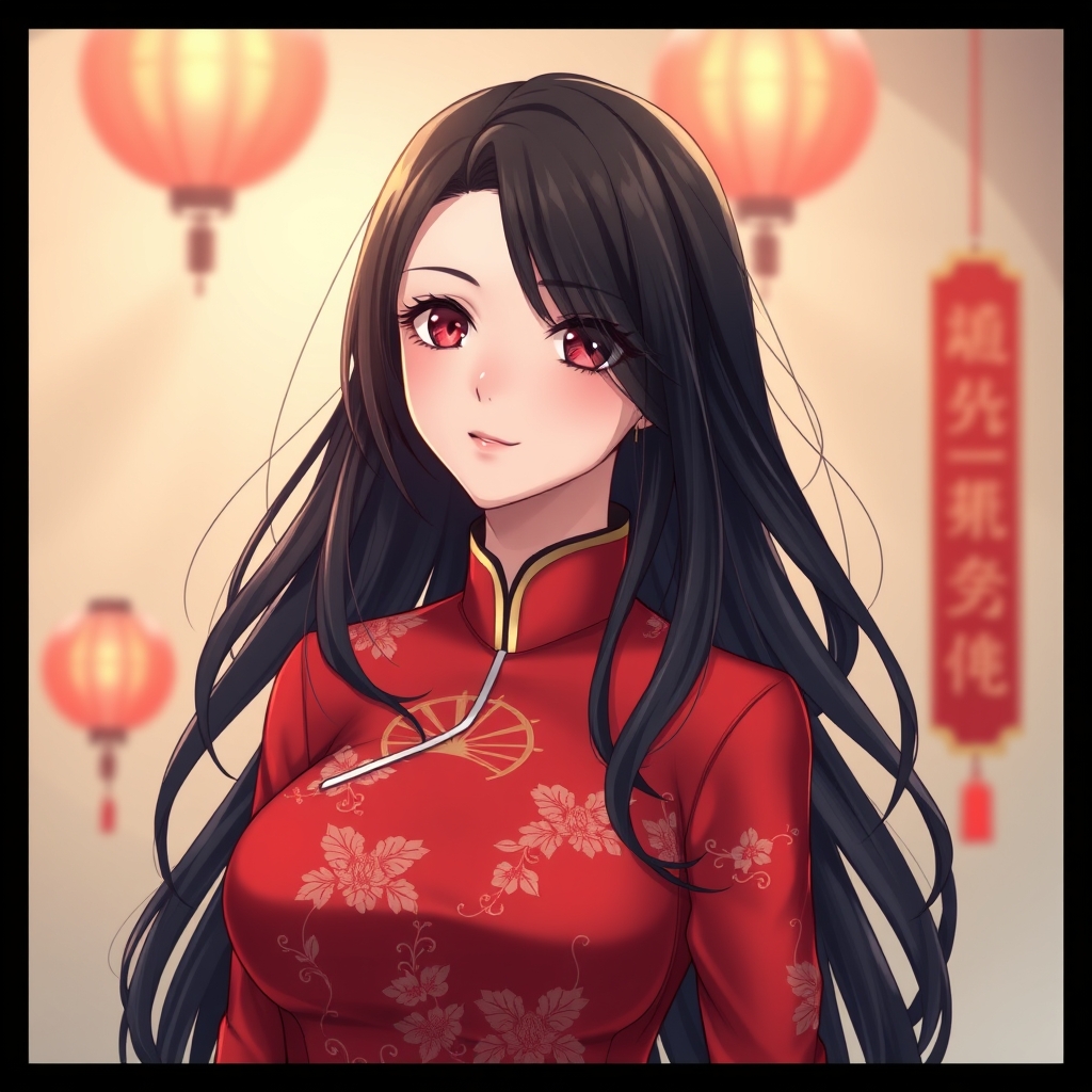 A black hair, red eyes woman with large breasts wearing Cheo