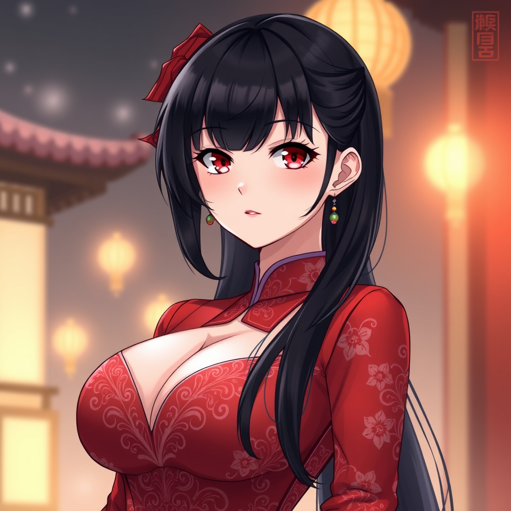 A black hair, red eyes woman with huge breasts wearing Cheon