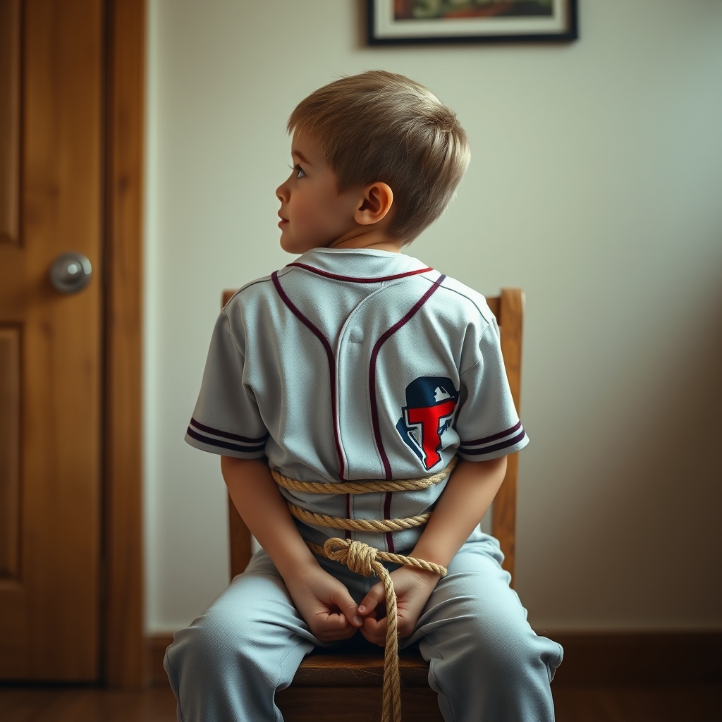 A young boy, nine years old, sits on a chair in a room.  He 