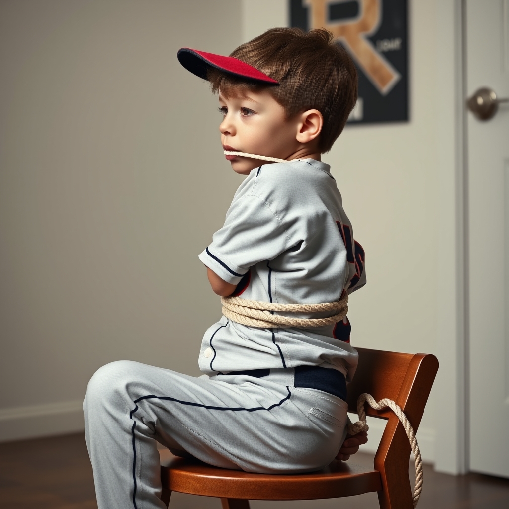 A young boy, nine years old, sits on a chair in a room.  He 