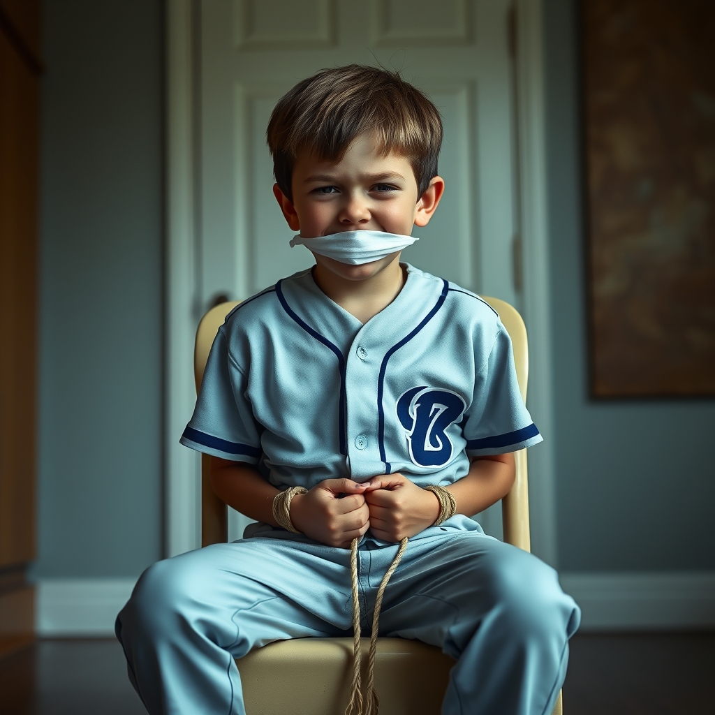 A young boy, nine years old, sits on a chair in a room.  He 