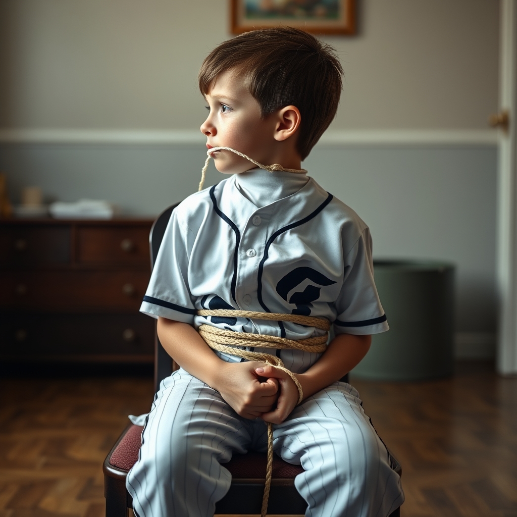 A young boy, nine years old, sits on a chair in a room.  He 