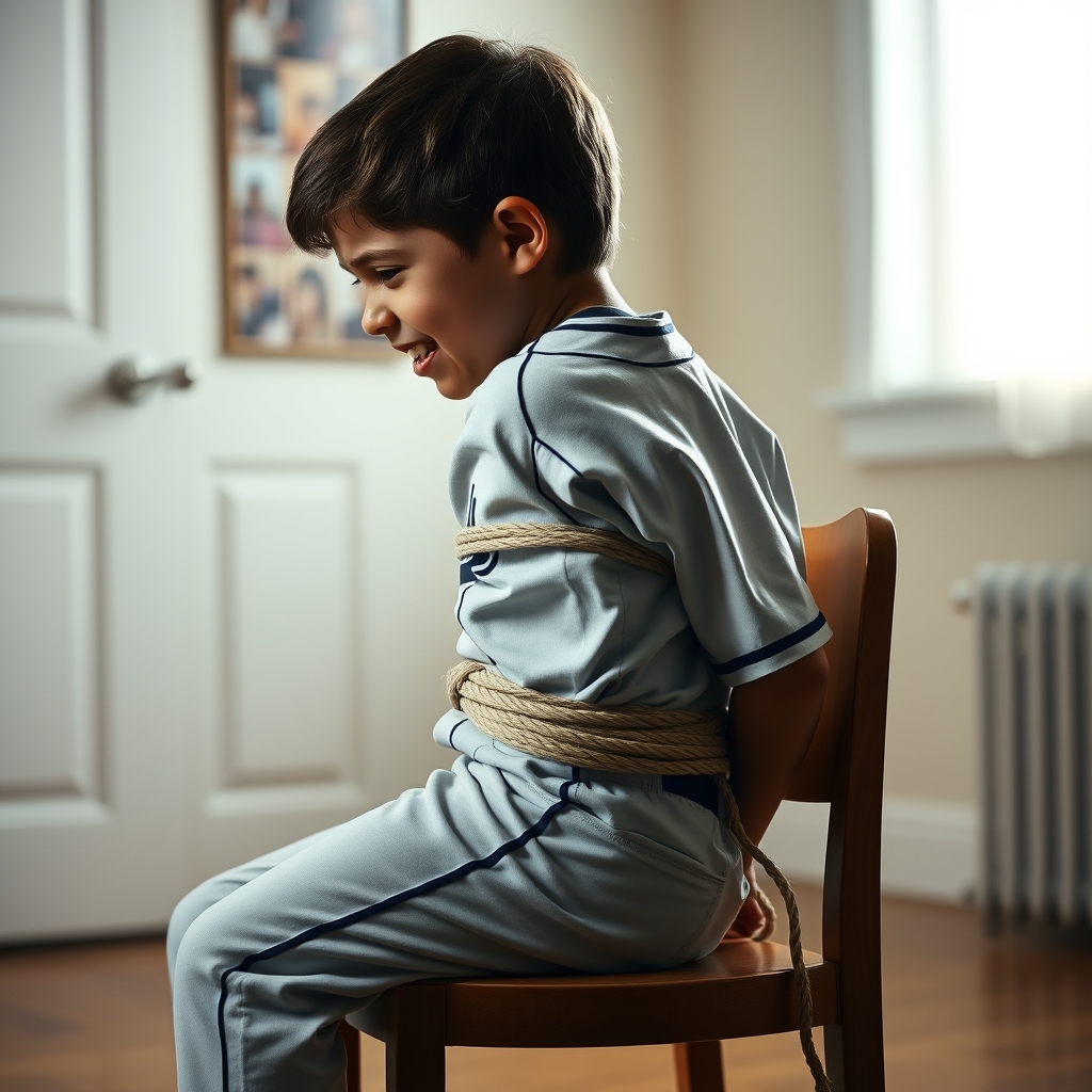 A young boy, nine years old, sits on a chair in a room.  He 
