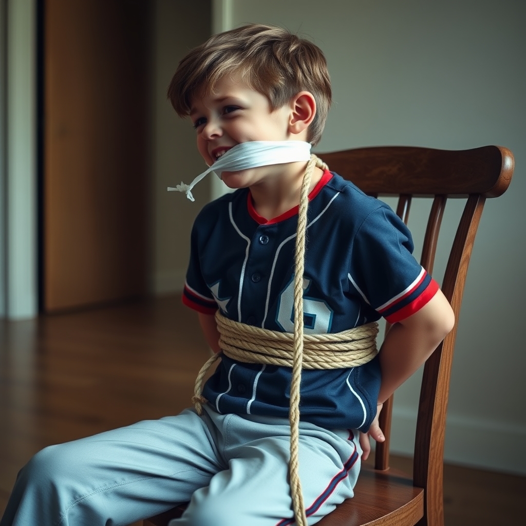 A young boy, nine years old, sits on a chair in a room.  He 