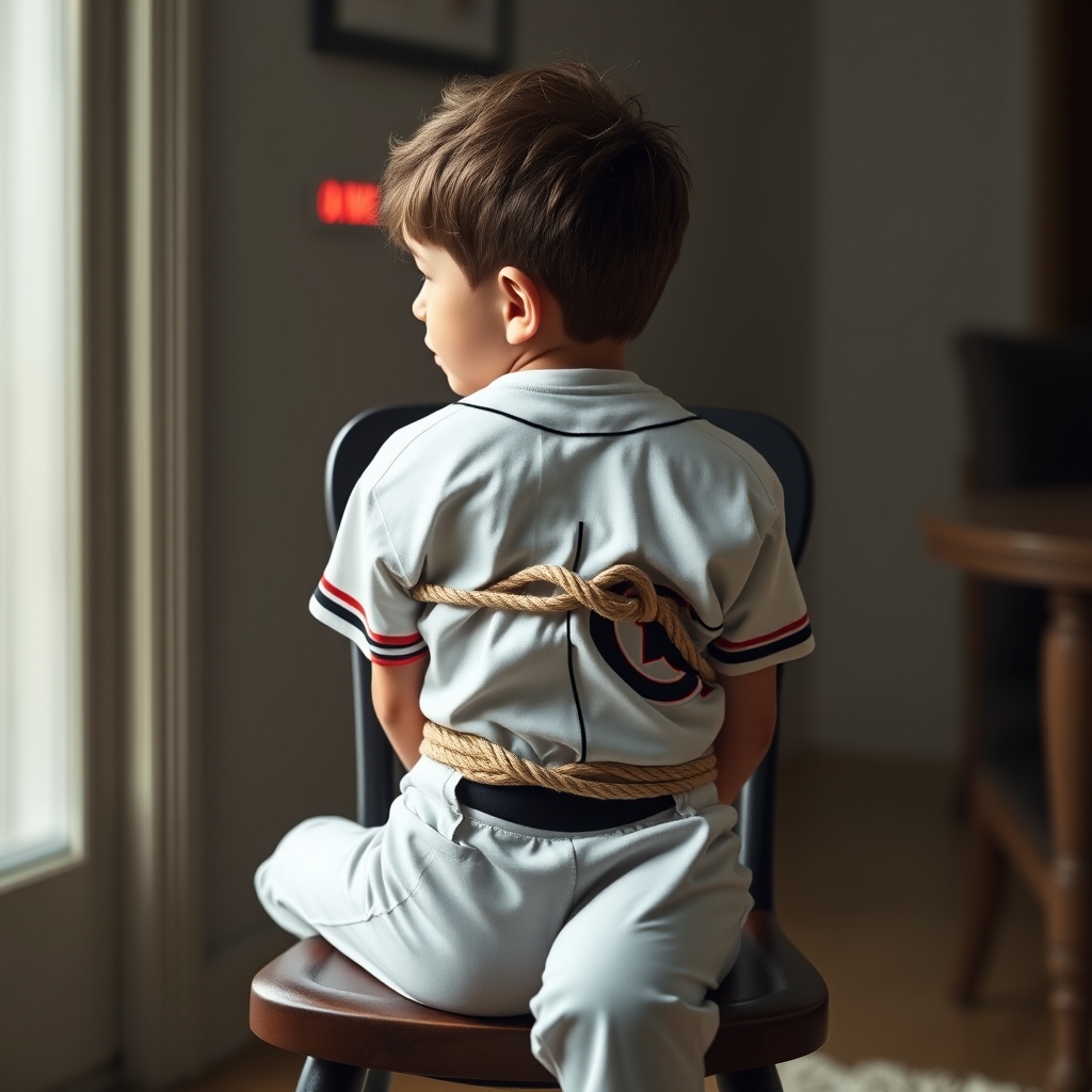 A young boy, nine years old, sits on a chair in a room.  He 