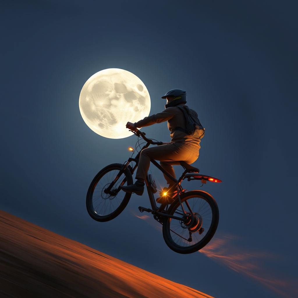 A man on a bike flying to the moon