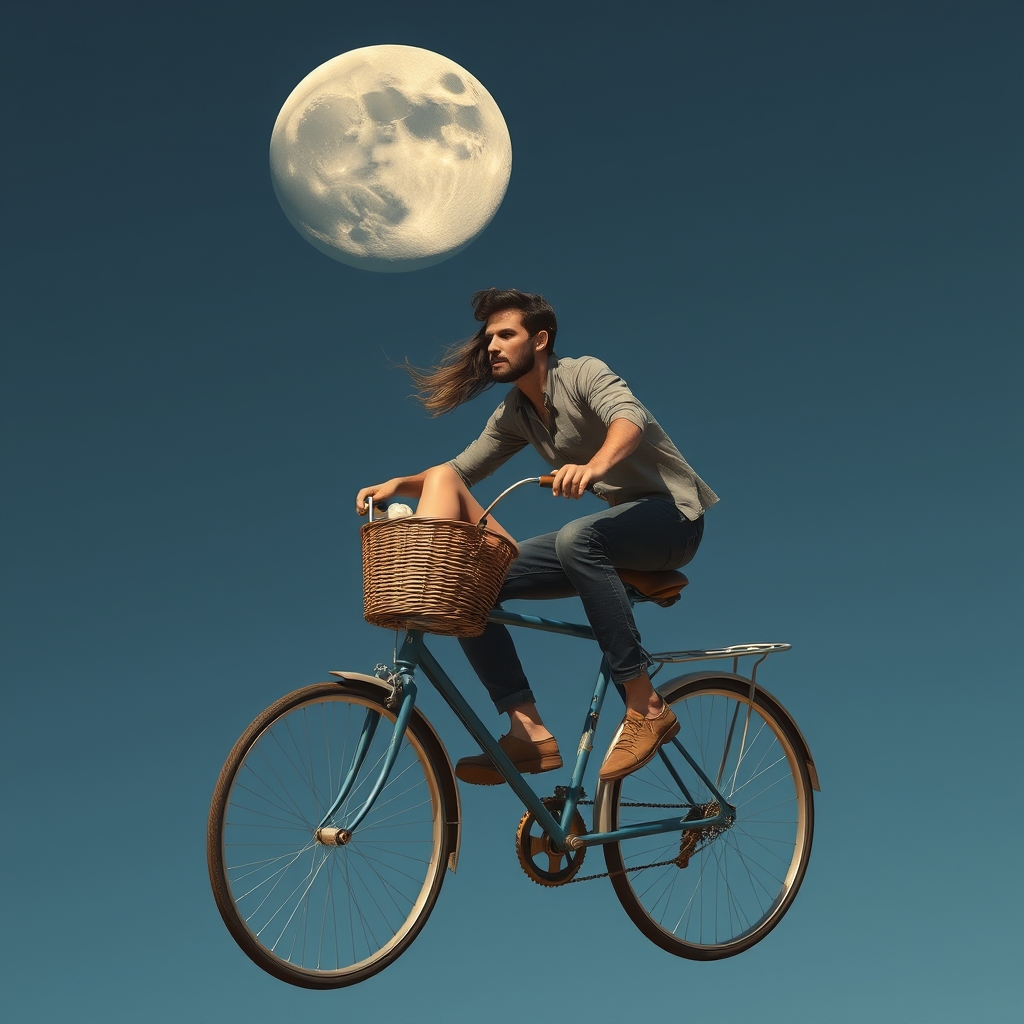 A man on a bike flying to the moon. There is a basket on the