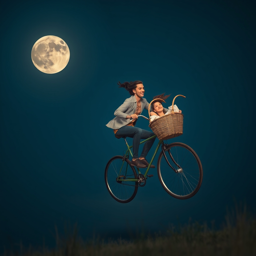 A man on a bike flying to the moon. There is a basket on the