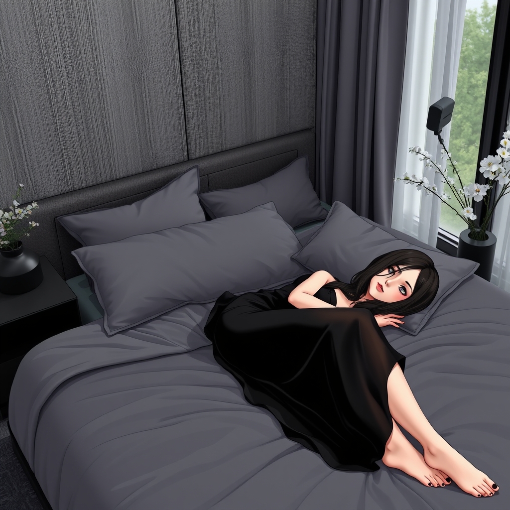 A cozy contemporary modern bedroom with black and gray accen