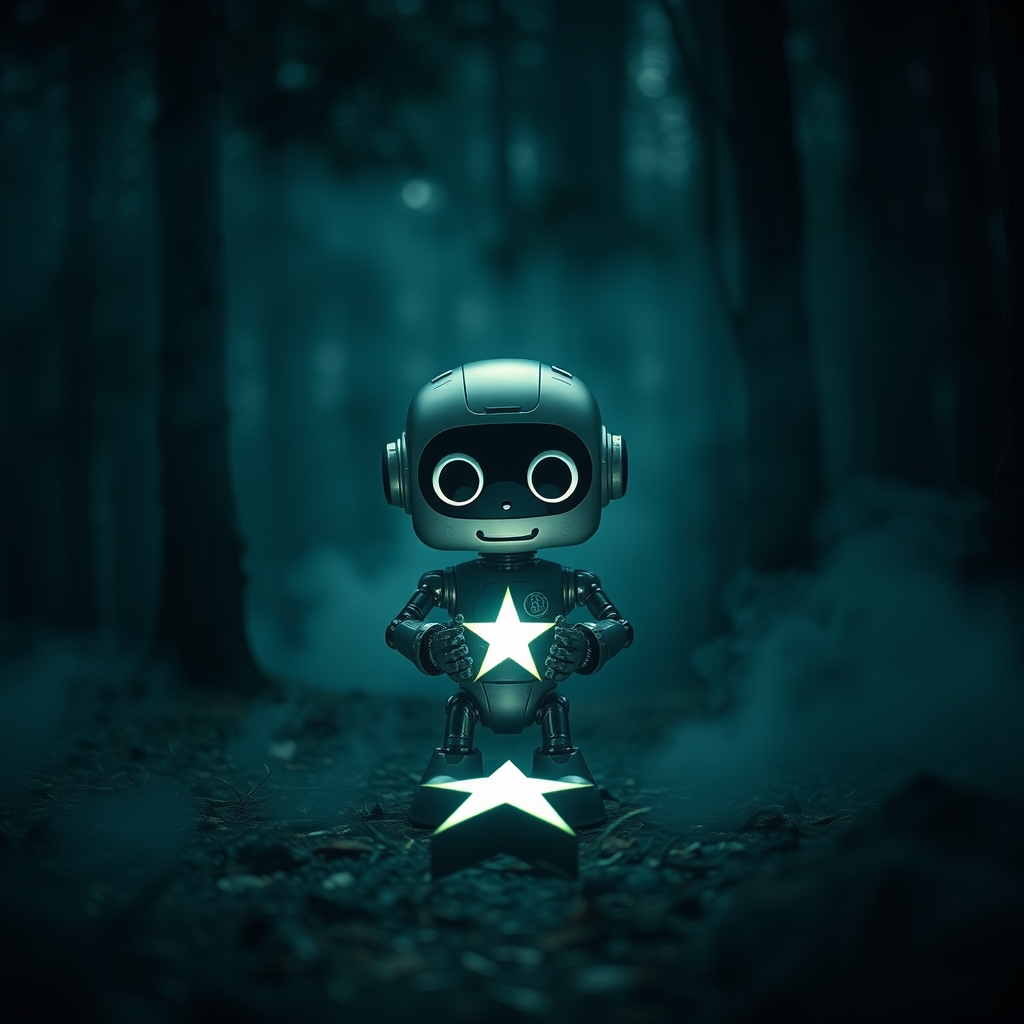 A small cute robot with big eyes is standing in a dark fores