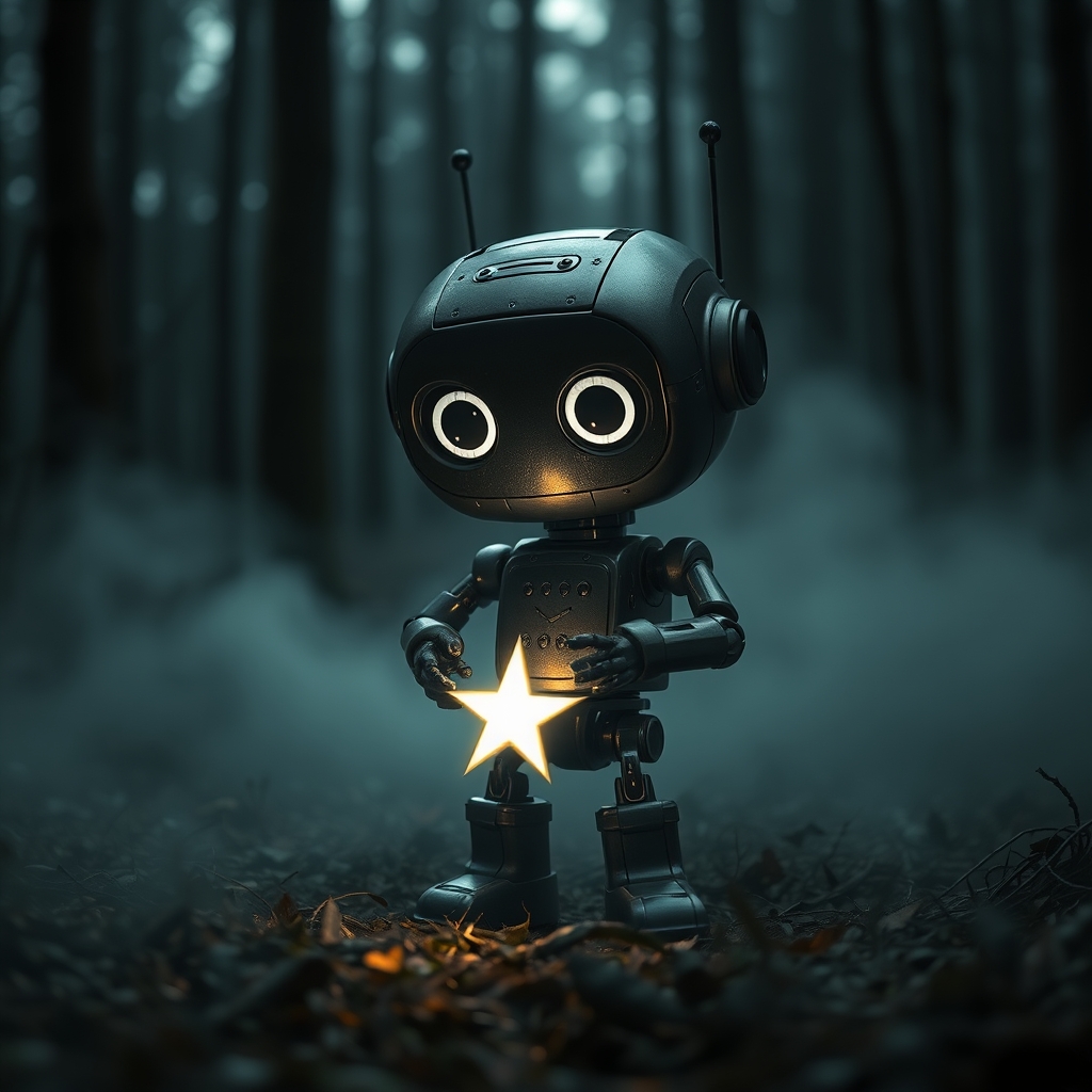 A small cute robot with big eyes is standing in a dark fores