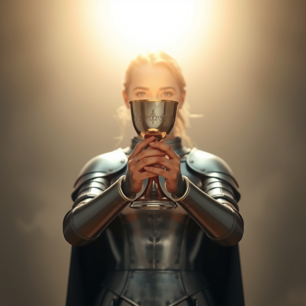 A woman standing in simple steel armor, holding a glowing si