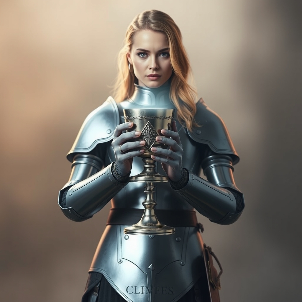 A woman standing in simple steel armor, holding a glowing si