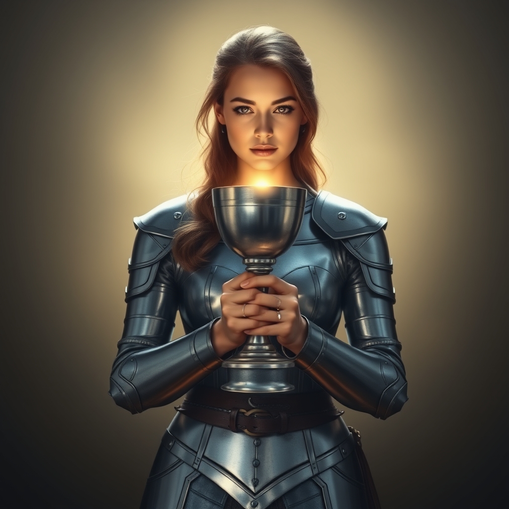 A woman standing in simple steel armor, holding a glowing si