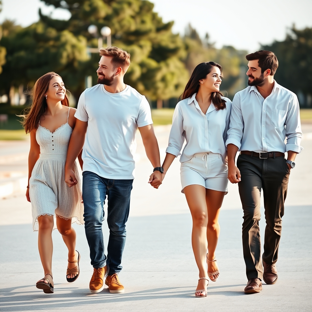 In the image, two couples are walking side by side, each pai