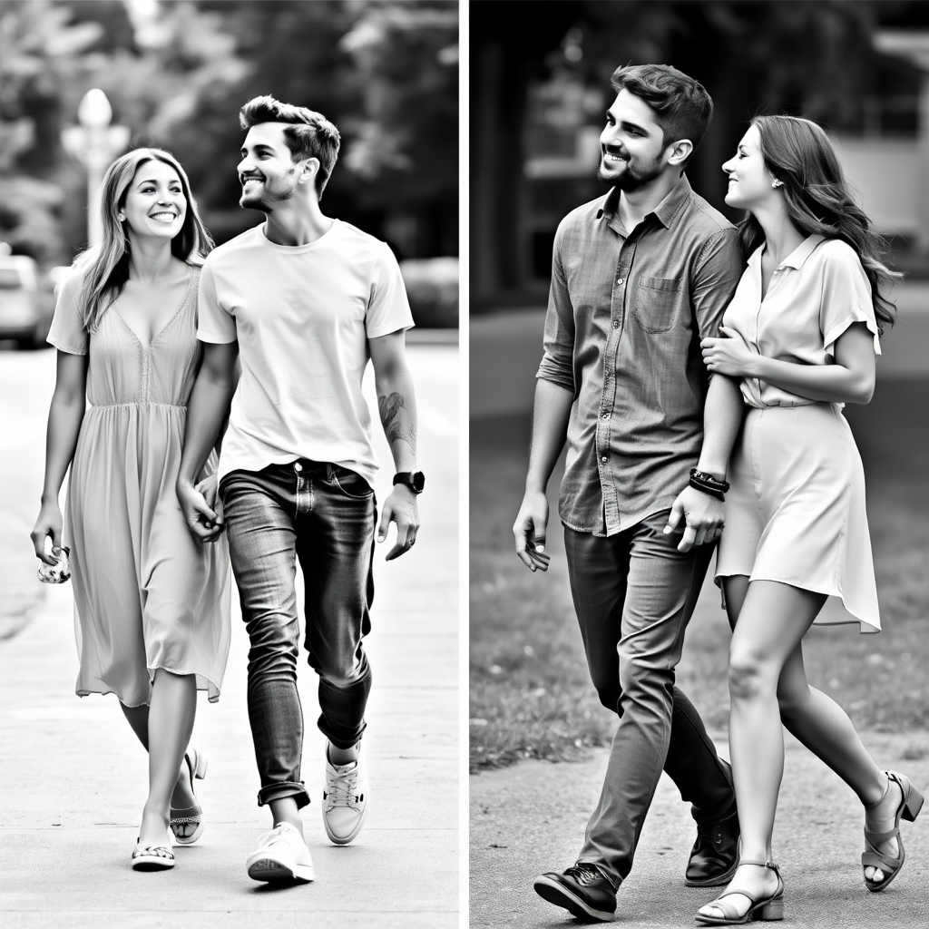 In the image, two couples are walking side by side, each pai