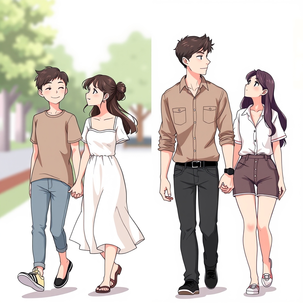 In the image, two couples are walking side by side, each pai