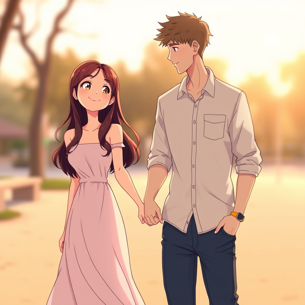 In the image, a couple stands close together, holding hands 