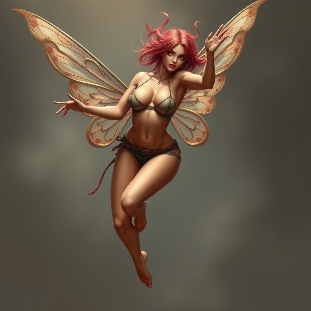 A sexy, buxom female pixie, hovering in the air, wearing sca