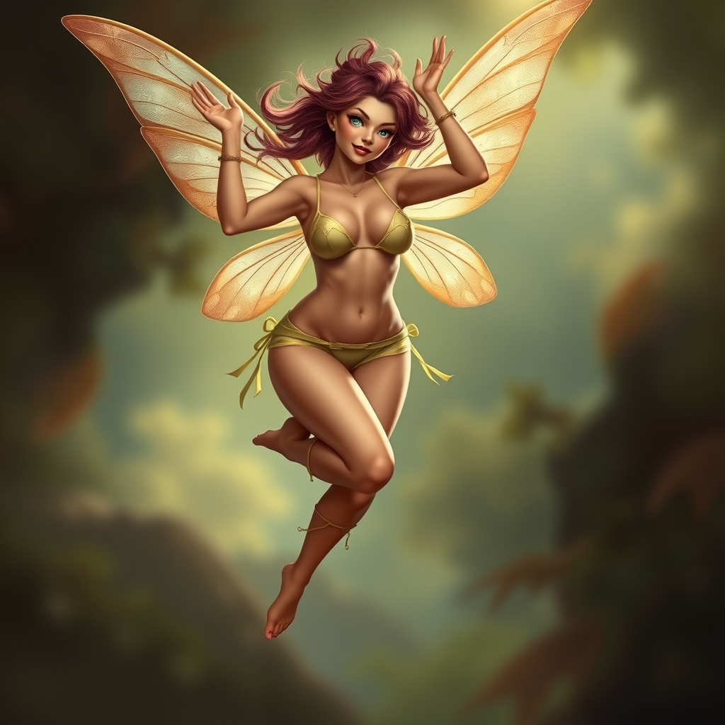A sexy, buxom female pixie, hovering in the air, wearing sca