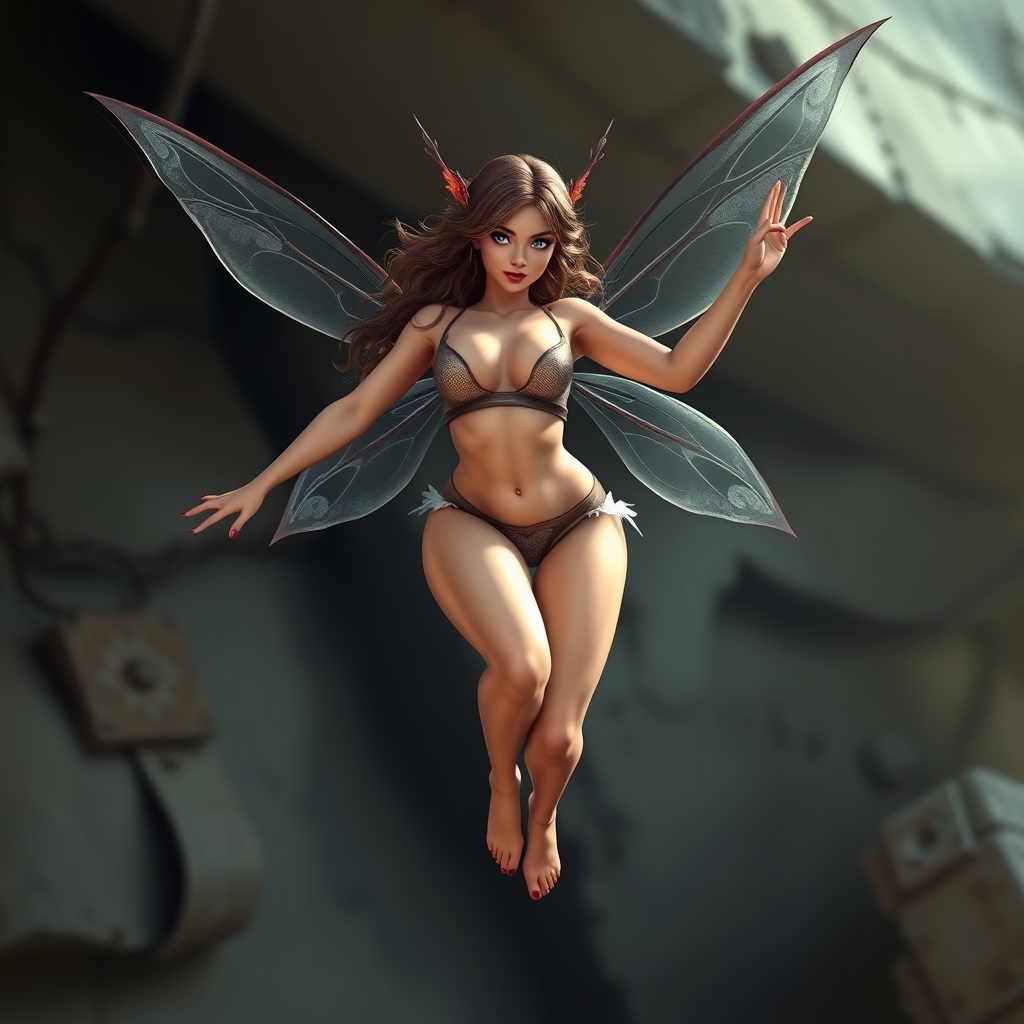 A sexy, buxom female pixie, hovering in the air, wearing sca