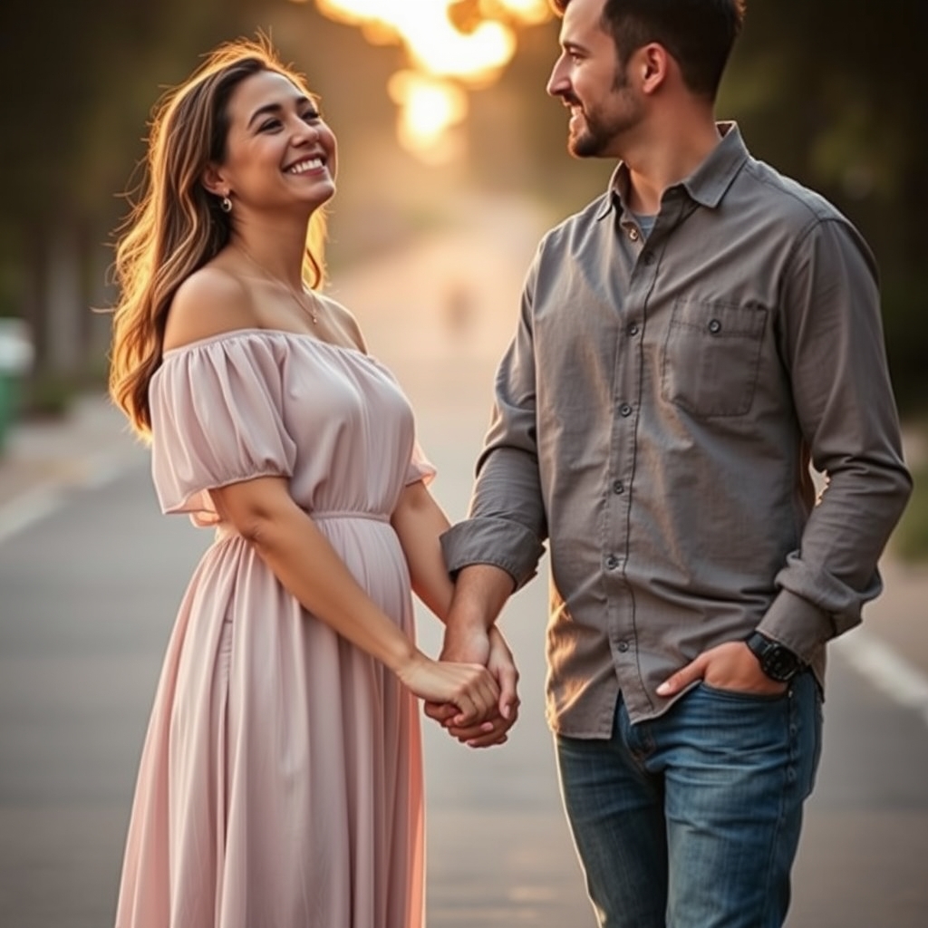 In the image, a couple stands close together, holding hands 
